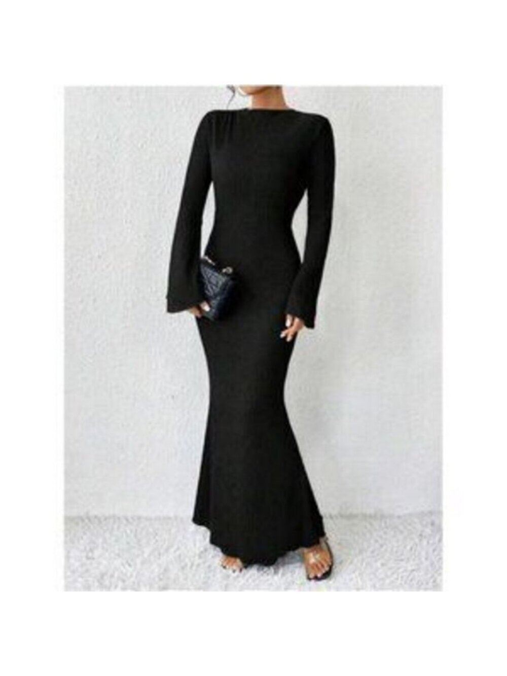 Women's Bell Long Sleeve Maxi Dress Crew Neck Bodycon Fishtail Long Dress - Picture 4 of 5